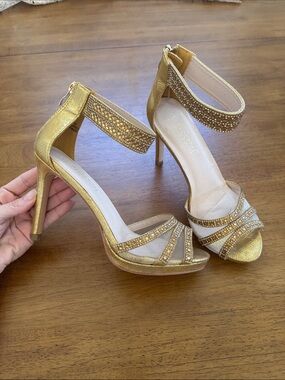 De Blossom Collection Gold Crystal Ankle-Strap Heels